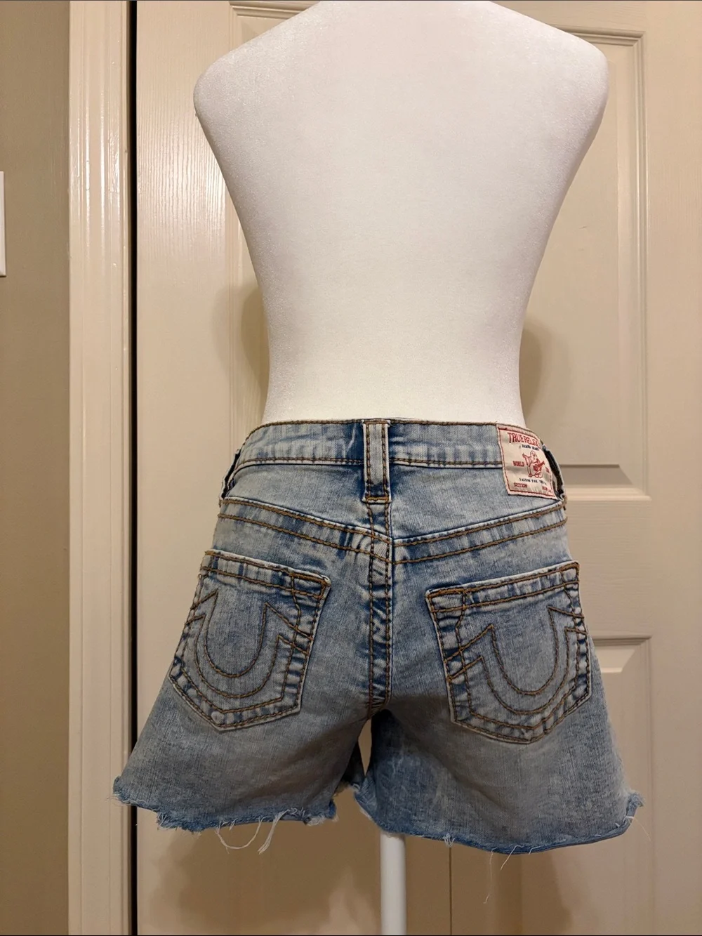 True Religion Light Blue Distressed Denim Shorts